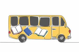 Single one line drawing the back of a bus converted into a mobile library. Traveling around to reach all groups. Knowledge. National Library Outreach Day. Continuous line design graphic illustration vector