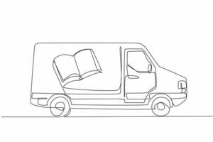 Continuous one line drawing a van with pictures of books on the side of its body. Modifying cars with a noble purpose. Educational. National Bookmobile Day. Single line draw design illustration vector