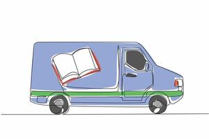 Continuous one line drawing a van with pictures of books on the side of its body. Modifying cars with a noble purpose. Educational. National Bookmobile Day. Single line draw design illustration vector