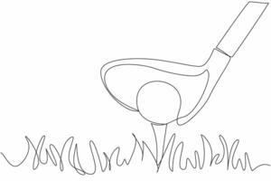 Single one line drawing golf ball on the grass and behind it is a golf club. Taking a running start to make it easier to hit. Preparation before hitting. Continuous line design graphic illustration vector