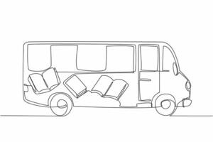 Single one line drawing the back of a bus converted into a mobile library. Traveling around to reach all groups. Knowledge. National Library Outreach Day. Continuous line design graphic illustration vector
