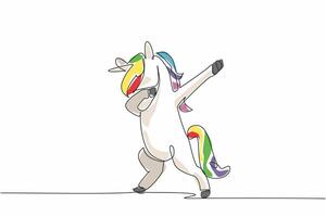 Single one line drawing unicorn standing while doing dabbing pose. The cheerful one. A character who entertains anyone. Mythology. National Unicorn Day. Continuous line design graphic illustration vector