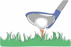 Single one line drawing golf ball on the grass and behind it is a golf club. Taking a running start to make it easier to hit. Preparation before hitting. Continuous line design graphic illustration vector