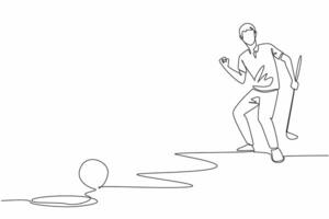 Single one line drawing man holding golf club celebrating seeing golf ball almost go into hole. The results of hours of practice are starting to show. Continuous line design graphic illustration vector