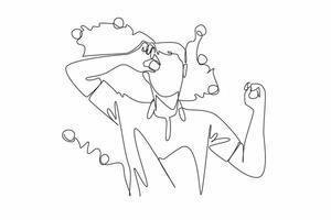 Single continuous line drawing a man lying on the grass holding a golf ball placed on his eye. Free sessions from training are used to take a short break. Amateur. One line design illustration vector