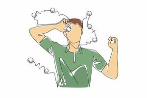Single continuous line drawing a man lying on the grass holding a golf ball placed on his eye. Free sessions from training are used to take a short break. Amateur. One line design illustration vector