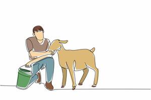 Single continuous line drawing male farmer kneeling holding bucket and feeding sheep. Be patient in harvesting feathers to make wool. National Farm Animals Day. One line design illustration vector