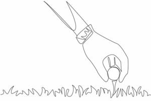 Continuous one line drawing gloved hand puts golf ball on tee. The next step is to hit the ball in the hope of getting a hole in one. Focus on the goal. Single line draw design illustration vector