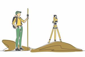 Continuous one line drawing a woman measures land using total station. The expert who is making the mapping. Measure angles automatically. Geologists Day. Single line draw design illustration vector