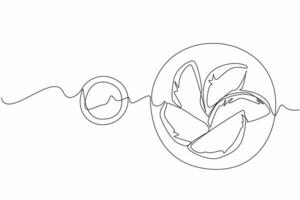 Single one line drawing 5 pcs empanadas on a small round plate and make a circle line. Freshly cooked food. Sauce as a complement. National Empanada Day. Continuous line design graphic illustration vector