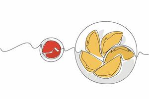 Single one line drawing 5 pcs empanadas on a small round plate and make a circle line. Freshly cooked food. Sauce as a complement. National Empanada Day. Continuous line design graphic illustration vector