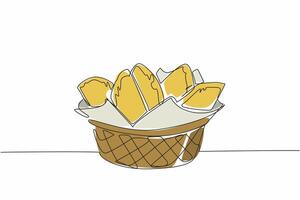 Single continuous line drawing empanadas arranged on a wicker rattan and tissue container. Packaged meals provided by the restaurant. Tasty. National Empanada Day. One line design illustration vector