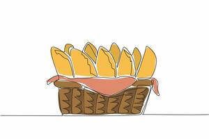 Single one line drawing empanadas neatly arranged in rattan wicker with napkins. Delivery package in the form of traditional food. National Empanada Day. Continuous line design graphic illustration vector