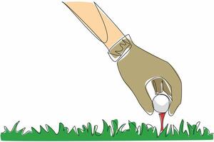 Continuous one line drawing gloved hand puts golf ball on tee. The next step is to hit the ball in the hope of getting a hole in one. Focus on the goal. Single line draw design illustration vector