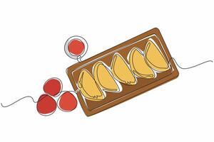 Single continuous line drawing 5 empanadas on a square tray neatly lined up, accompanied by sauce in a small bowl. Serving delicious snacks. National Empanada Day. One line design illustration vector