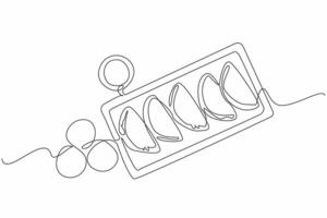 Single continuous line drawing 5 empanadas on a square tray neatly lined up, accompanied by sauce in a small bowl. Serving delicious snacks. National Empanada Day. One line design illustration vector