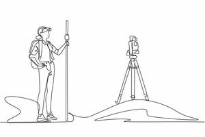 Continuous one line drawing a woman measures land using total station. The expert who is making the mapping. Measure angles automatically. Geologists Day. Single line draw design illustration vector