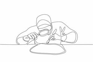 Single continuous line drawing people wearing full PPE checking some fairly large chunks of rock. Check the density of stone. Need important info. Geologists Day. One line design illustration vector