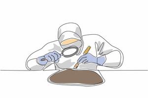 Single continuous line drawing people wearing full PPE checking some fairly large chunks of rock. Check the density of stone. Need important info. Geologists Day. One line design illustration vector