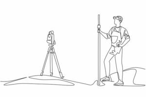 Continuous one line drawing man measures land using total station. New project plan. Measuring angles and distances. Theodolite. The expert. Geologists Day. Single line draw design illustration vector