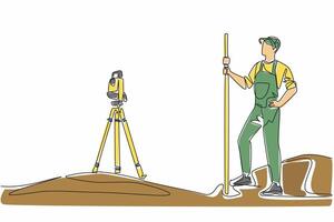 Continuous one line drawing man measures land using total station. New project plan. Measuring angles and distances. Theodolite. The expert. Geologists Day. Single line draw design illustration vector