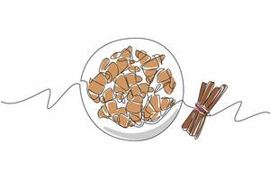 Single continuous line drawing cinnamon crescents on plate next to several cinnamon sticks tied together. Useful for losing weight. National Cinnamon Crescent Day. One line design illustration vector