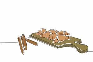 Continuous one line drawing cinnamon crescents on cutting board and few cinnamon sticks. Get ready to serve a healthy snack. National Cinnamon Crescent Day. Single line draw design illustration vector