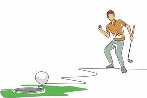 Single one line drawing man holding golf club celebrating seeing golf ball almost go into hole. The results of hours of practice are starting to show. Continuous line design graphic illustration vector