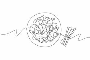 Single continuous line drawing cinnamon crescents on plate next to several cinnamon sticks tied together. Useful for losing weight. National Cinnamon Crescent Day. One line design illustration vector