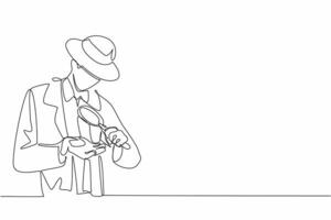 Single one line drawing a man looks at a rock in one of his hands using a magnifier. Looking for important info. The expert in his field. Geologists Day. Continuous line design graphic illustration vector