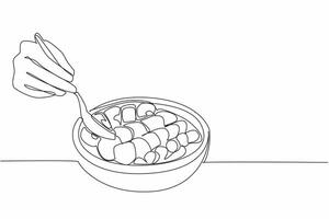 Continuous one line drawing people scooping from wooden acai bowl containing pieces of several fruits. Contains lots of vitamins. National Acai Bowl Day. Single line draw design illustration vector