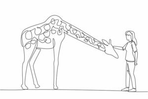 Continuous one line drawing a woman in casual clothes is petting a giraffe. Rubbing the head to obey. Showing affection to animals. National Zoo Lovers Day. Single line draw design illustration vector