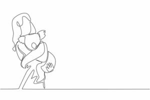 Single one line drawing woman in casual clothes hugging koala. Adorable animal with thick fur. Marsupials originate from Australia. National Zoo Lovers Day. Continuous line design graphic illustration vector