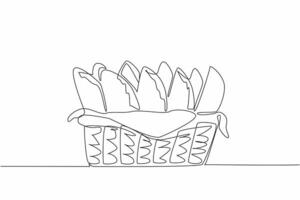 Single one line drawing empanadas neatly arranged in rattan wicker with napkins. Delivery package in the form of traditional food. National Empanada Day. Continuous line design graphic illustration vector