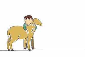 Continuous one line drawing the little boy hugging sheep. Loving the first pet. Cultivating the spirit of animal husbandry. National Farm Animals Day. Single line draw design illustration vector