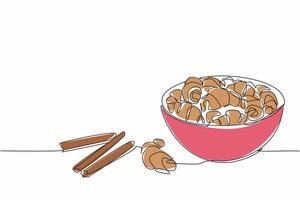 Single one line drawing cinnamon crescents in bowl and several tied cinnamon sticks. Good snack foods for diabetics. Herbs. National Cinnamon Crescent Day. Continuous line design graphic illustration vector