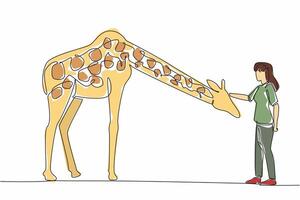 Continuous one line drawing a woman in casual clothes is petting a giraffe. Rubbing the head to obey. Showing affection to animals. National Zoo Lovers Day. Single line draw design illustration vector