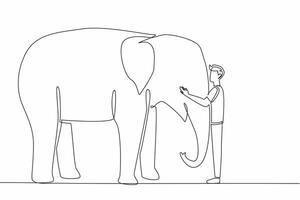 Single continuous line drawing adult man wearing casual trousers standing hugging elephant trunk. Give a form of affection. Animal lover. National Zoo Lovers Day. One line design illustration vector