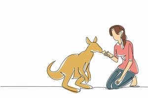 Single one line drawing woman in casual clothes squatting and feeding carrots to a kangaroo. Giving with patience and care. Loving. National Zoo Lovers Day. Continuous line design graphic illustration vector