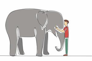 Single continuous line drawing adult man wearing casual trousers standing hugging elephant trunk. Give a form of affection. Animal lover. National Zoo Lovers Day. One line design illustration vector