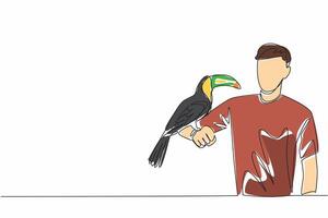 Continuous one line drawing adult man with toucan on his hand. Birds with large and colorful beaks. Animal tropical forest. Avian. National Zoo Lovers Day. Single line draw design illustration vector