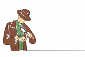 Single one line drawing a man looks at a rock in one of his hands using a magnifier. Looking for important info. The expert in his field. Geologists Day. Continuous line design graphic illustration vector