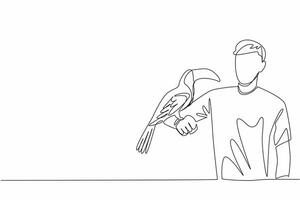 Continuous one line drawing adult man with toucan on his hand. Birds with large and colorful beaks. Animal tropical forest. Avian. National Zoo Lovers Day. Single line draw design illustration vector