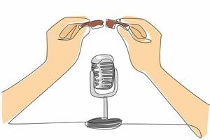 Single continuous line drawing hand plucks chocolate and points it towards the mic. Creates a food crumbs effect when dropped. Pleasure. International ASMR Day. One line design illustration vector