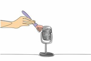 Continuous one line drawing hand wiping the mic with brush. Creates a thunderous sound. Visual effects like in the movies. Creative. International ASMR Day. Single line draw design illustration vector