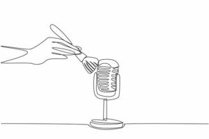 Continuous one line drawing hand wiping the mic with brush. Creates a thunderous sound. Visual effects like in the movies. Creative. International ASMR Day. Single line draw design illustration vector