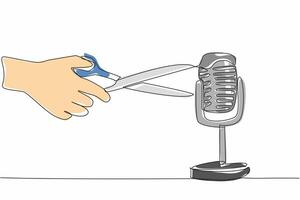 Single continuous line drawing the hand is holding the scissors and pointing it at the mic. A sound that gives off a certain sensation. International ASMR Day. One line design illustration vector
