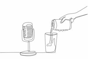 Single one line drawing hand pouring canned drink into glass with a mic. Creates a soothing sound effect when heard. Flowing softly. International ASMR Day. Continuous line design graphic illustration vector