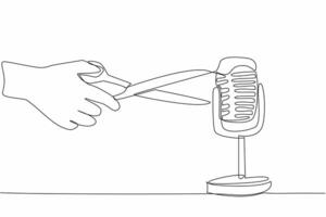 Single continuous line drawing the hand is holding the scissors and pointing it at the mic. A sound that gives off a certain sensation. International ASMR Day. One line design illustration vector