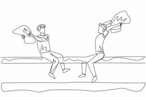 Single one line drawing 2 adult men sitting on large log underneath pool holding pillows. Contest. The wet one is the loser. International Pillow Fight Day. Continuous line design graphic illustration vector